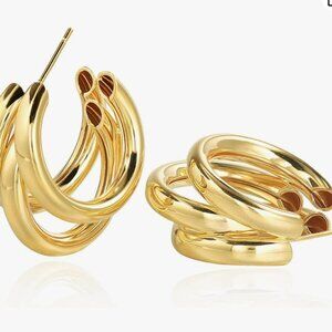 Chunky Gold Hoop Earrings for Women, 14k Gold Plated Thick Triple Hoop Earrings
